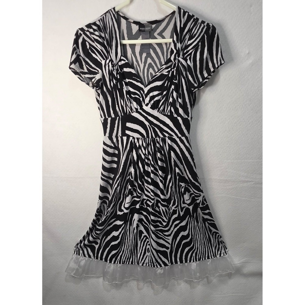 Bisou Bisou Michele Bohbot Y2K Zebra Print Ruffle Hem Dress Black White Size 6
